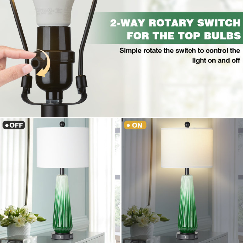 Table Lamps Nightlight 2in1 Glass Green Ripple Style with Rotary Switch Touch Switch(Set of 2), Vert
