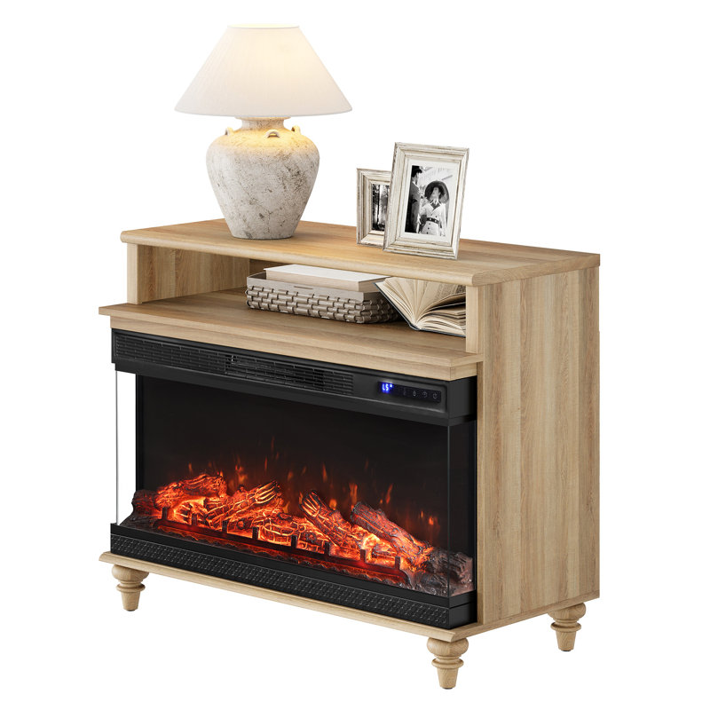 Fireplace End Table Wooden Side Table For Living Room, 36" Electric Fireplace, 3D Freestanding Fireplace Stove Heater, Brown