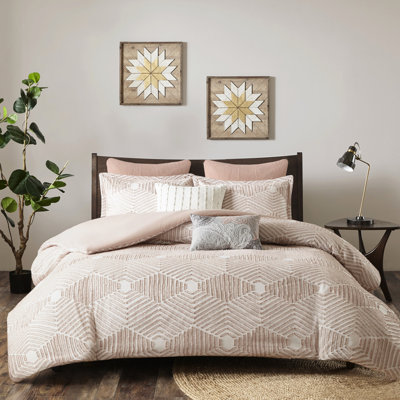 Housse de couette pour grand lit en coton rose, motif géométrique, 2 taies décoratives pour lit double / grand, conception, incluse