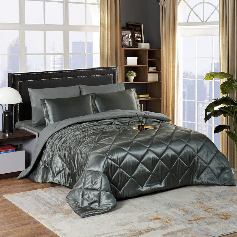 Ensemble d'édredon réversible en satin Zadie, Édredon grand et 7 pièces supplémentaires, Gris foncé