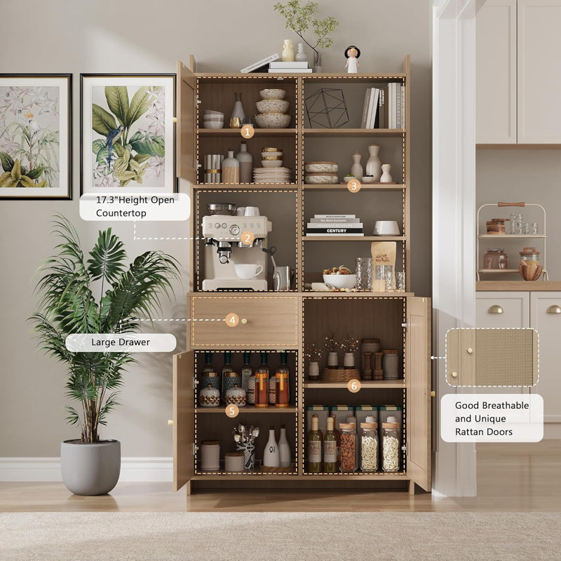 Garde-manger 71 po avec 3 portes en rotin, tiroir et tablettes réglables naturelles, Natural
