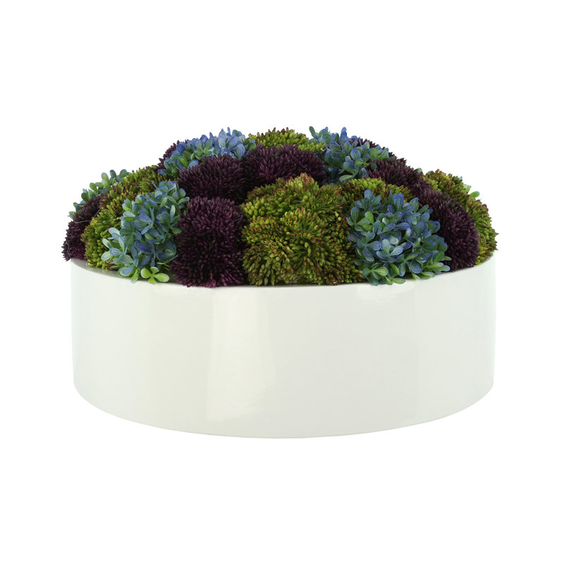 Hydrangea and Sedum Arranged in Fiberstone Planter