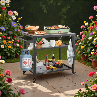 Table de barbecue à 3 tablettes pour l'extérieur, chariot de barbecue avec roulettes, four à pizza et table de préparation des aliments, table Blackstone avec plateau en acier inoxydable