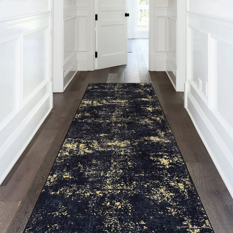 Tapis de salon - lavable, sans perte de teinture, noir teint + doré, lavable en machine de 2 pi 6 po x 10 pi, couloir