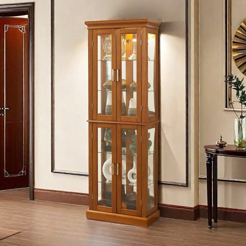 Cabinet Curio avec tablettes réglables et panneau arrière en miroir, portes en verre trempé (ampoule E26 non incluse), Chêne