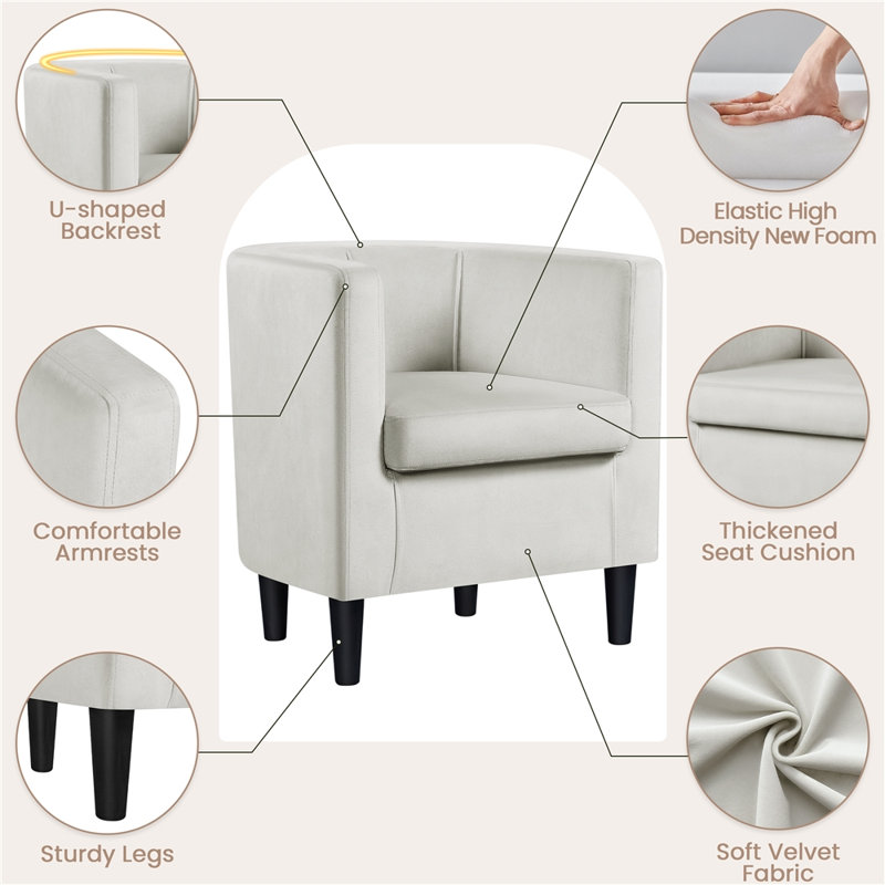 Barrel-Shaped Upholstered Velvet Chair, Beige Polyester Blend