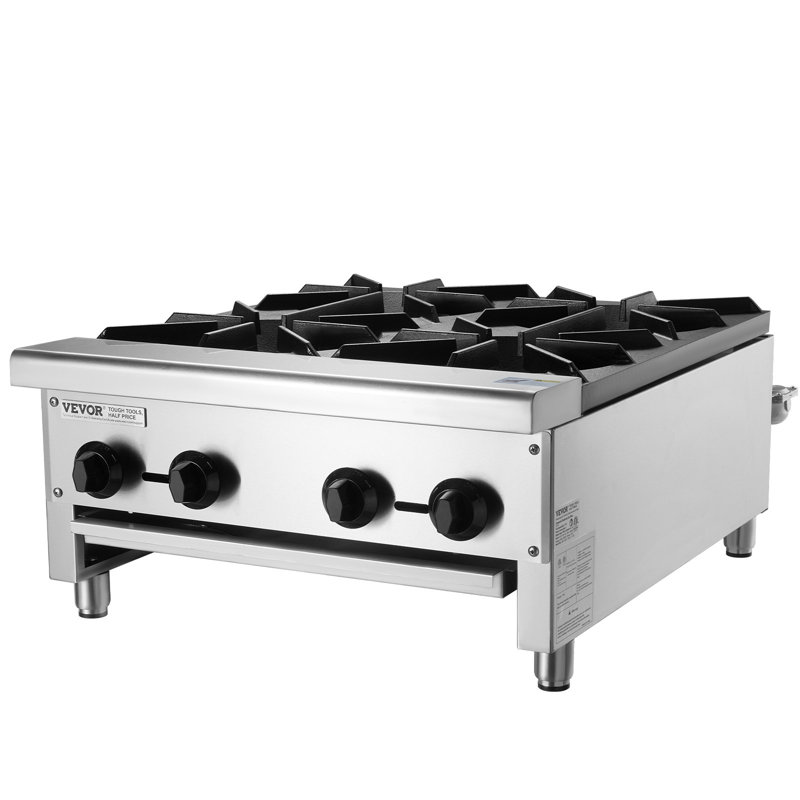 Commercial Gas Stove with 4 Burners, Propane and Natural Gas Countertop Cooking Stove Range, Stainless Steel Gas Hot Plate, Commercial Cooking Equipment for Restaurant, 112,000 BTU