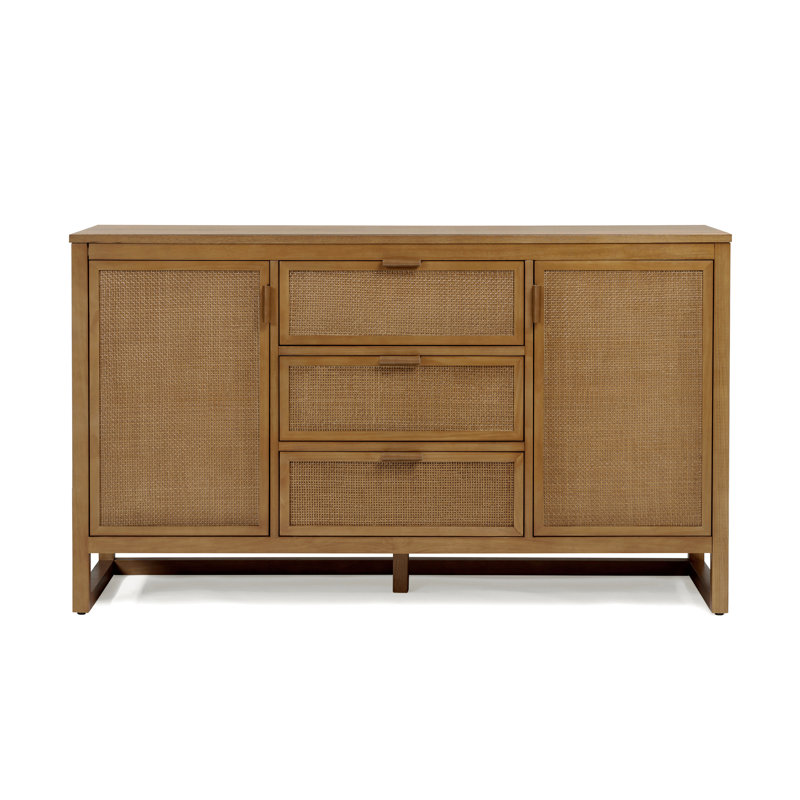 Ameer Modern Boho Solid Wood Sideboard Storage Cabinet with 3 Rattan Drawers & 2 Doors, Adjustable Shelves, Natural