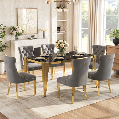 65" Glass Dining Set Of 7, Modern Rectangular Tempered Glass Table With Irregular Round Tube Stainless Steel Legs And 6 Velvet Upholstered Dining Chairs With Nailhead Trim