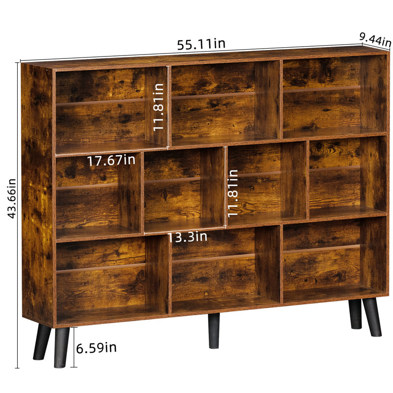 10 Cube Bookshelf,3 Tier Modern Wide Bookcase With Legs,Mid-Century Wood Bookshelves Storage，Retro Large Book Case,Freestanding Organizer Display Shelf For Bedroom,Living Room,Office
