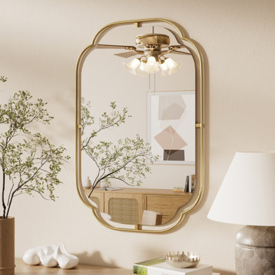 Bathroom Mirror, Modern Scalloped Corner Wall Mirror, 46 x 26 Anti-Rust Iron Frame & HD Glass Boho Rectangle Mirror for Vanity, Bedroom, Over Sink, Entryway