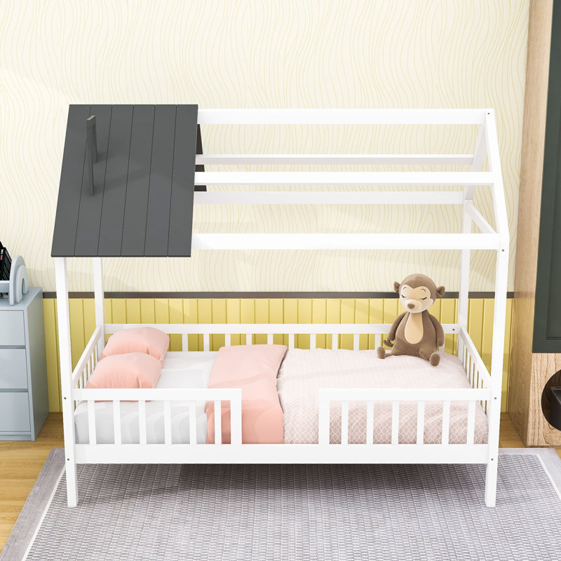 Twin Size Wood House Bed With Fence, White/Gray