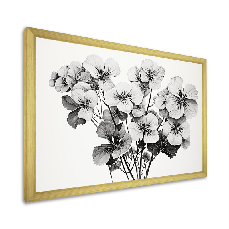 Minéralisme noir et blanc géraniums - imprimé, Cadre doré simple, H 34 po x l 44 po x P 1,5 po