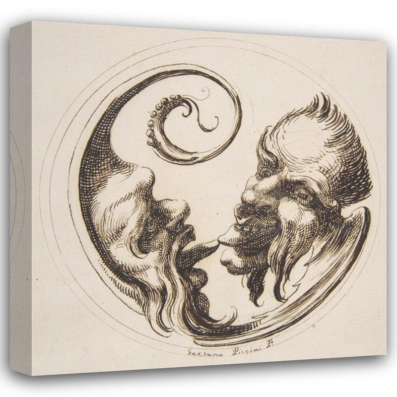 "Two Grotesque Heads Facing One Another and Touching Tongues Within a Circle" by  Gaetano Piccini - Gallery Wrap Canvas Wall Art