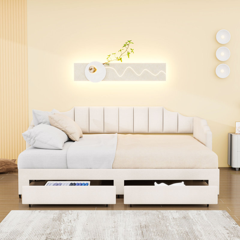 Lit de jour simple TG rembourré avec couchette extensible, éclairage à DEL intégré et tiroirs de rangement, Beige