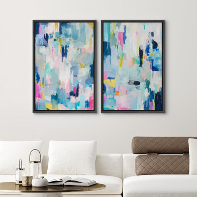 " Pastel Pink Blue Geometric Mountain Landscape " 2 - Pieces on Canvas