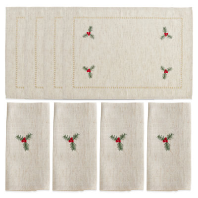 Embroidered Holly Placemat and Napkin Set (4 Placemats + 4 Napkins)