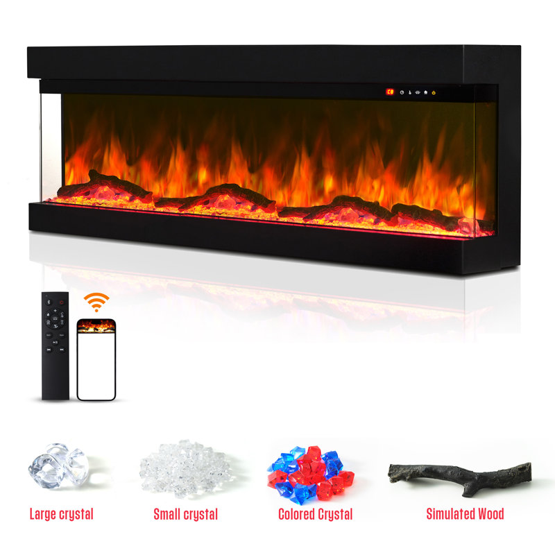 3 Sided Glass Electric Fireplace Multicolors,Inserts And Remote&App Control,Heater And Multicolors Flame Effect Combination,DIY Log&Crystal Combination