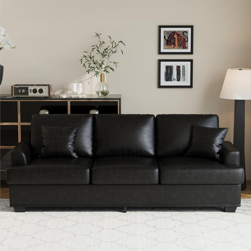 86" Modern Faux Leather Sofa with Throw Pillows, Deep Seat Upholstered Couch with Removable Cushion Covers for Living Room & Apartment