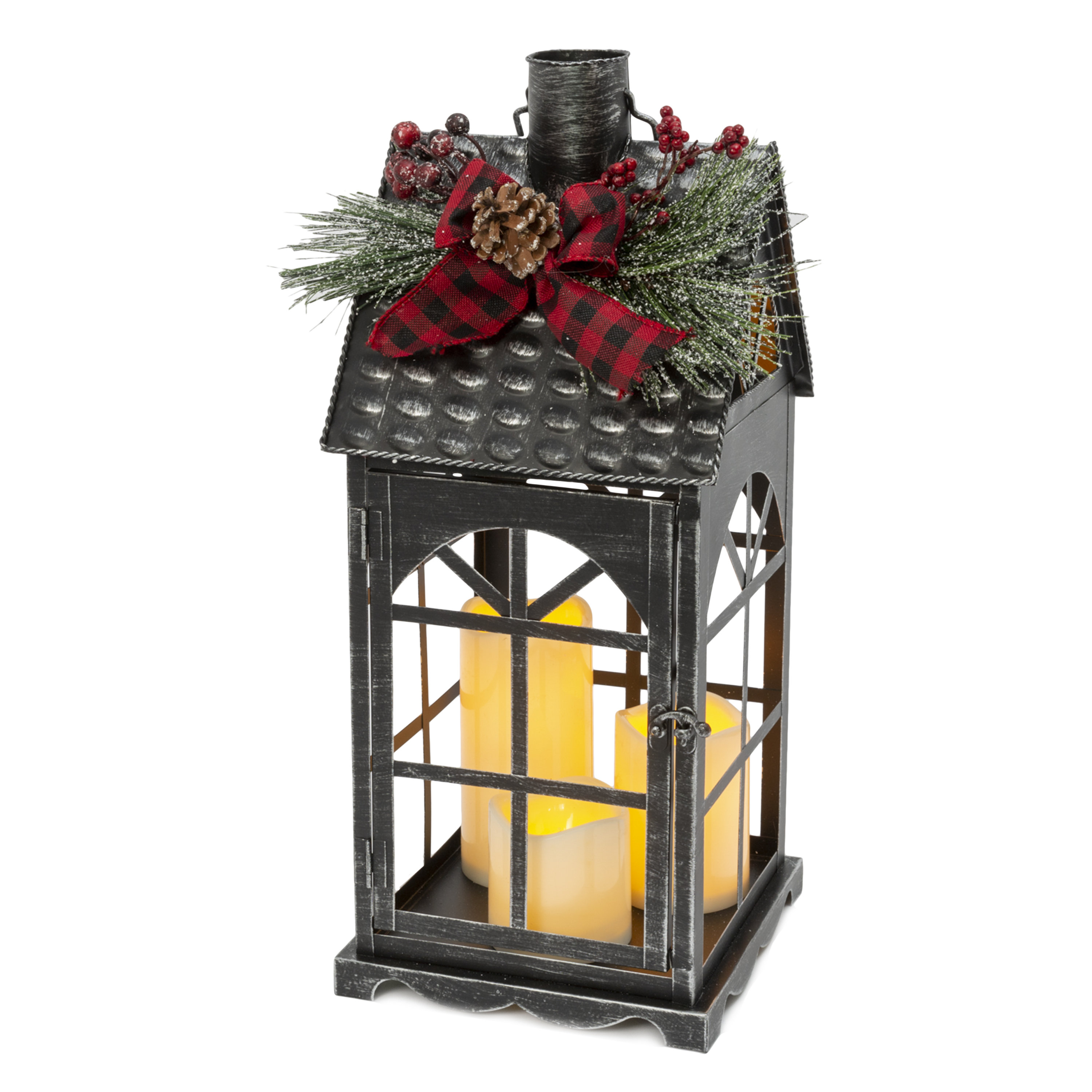 Battery Operated Lantern with LED Candle - Silver Snowflake