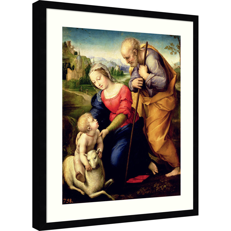 "La Sainte Famille avec agneau 1507" par Raphael Raffaello Sanzio d'Urbino, impression sur bois encadrée