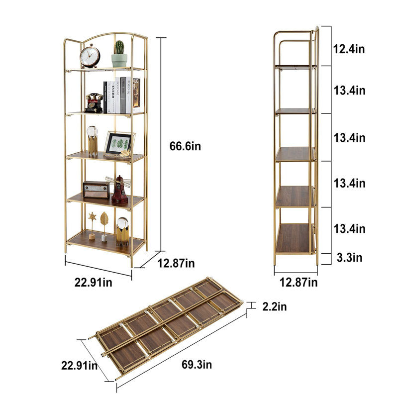 Lejon No Assembly Folding Etagere Bookcase, (5 Shelves ) 66.6" H x 22.9" W x 12.8" D, Gold