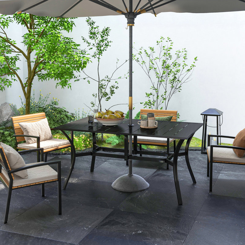 6 tables de patio rectangulaire en acier avec trou pour parasol, table de salle à manger d'extérieur noire pour le jardin, balcon noir, convient au jardin et au balcon, 59 po x 35,5 po