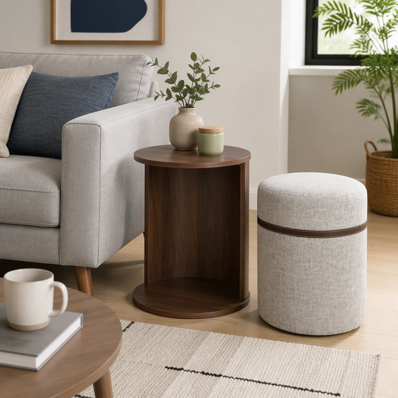 Table d'appoint gigogne coulissante avec rangement et tabouret assorti, ensemble de tables gigognes gain de place pour salon, couleur noyer et gris