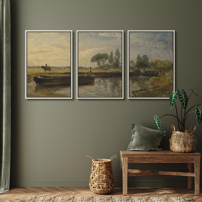 Rural Landscape " Riverside Pastoral Scene Rustic Country Life Nature Landscape Illustrations Modern Art Decor Rustic " 3 - Pieces