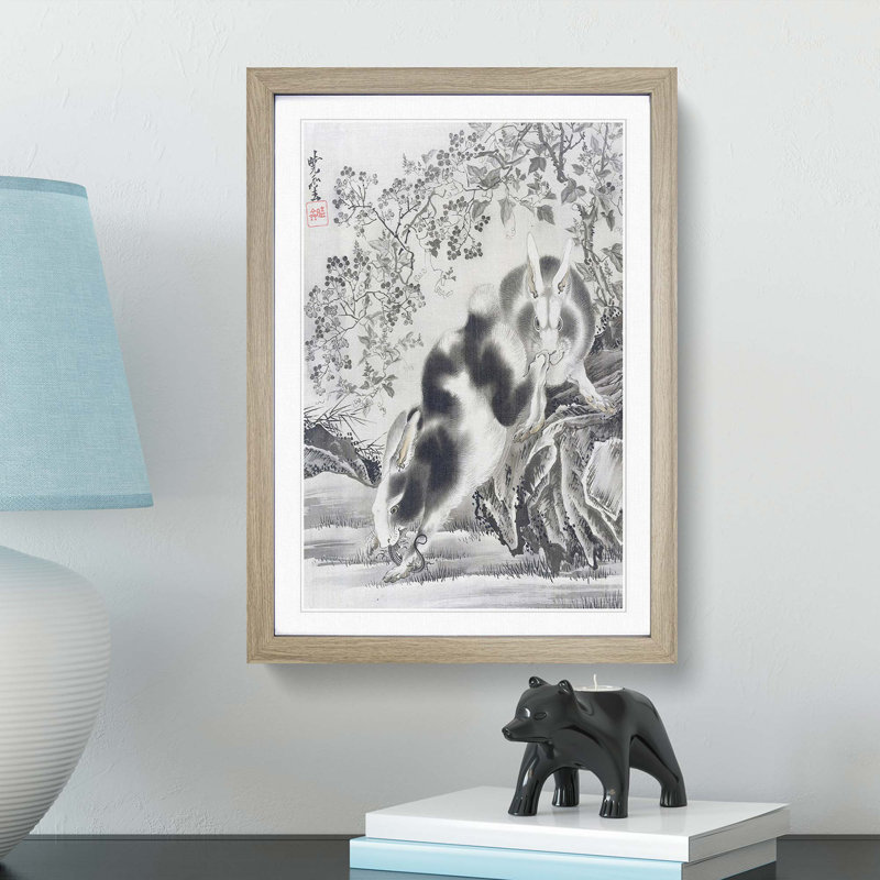 Rabbits by Kawanabe Kyosai - Picture Frame Painting Print, 65cm H x 48cm W x 2cm D, Oak Framed