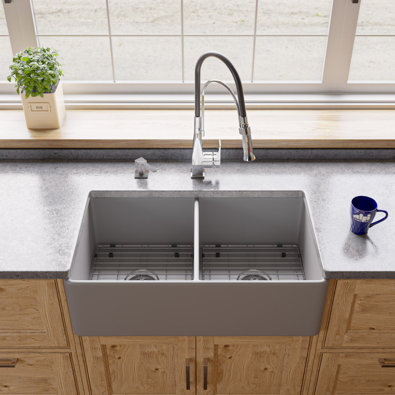 Alfi Brand 18'' W Double Bowl Fireclay Farmhouse Kitchen Sink 0, Matte Gray