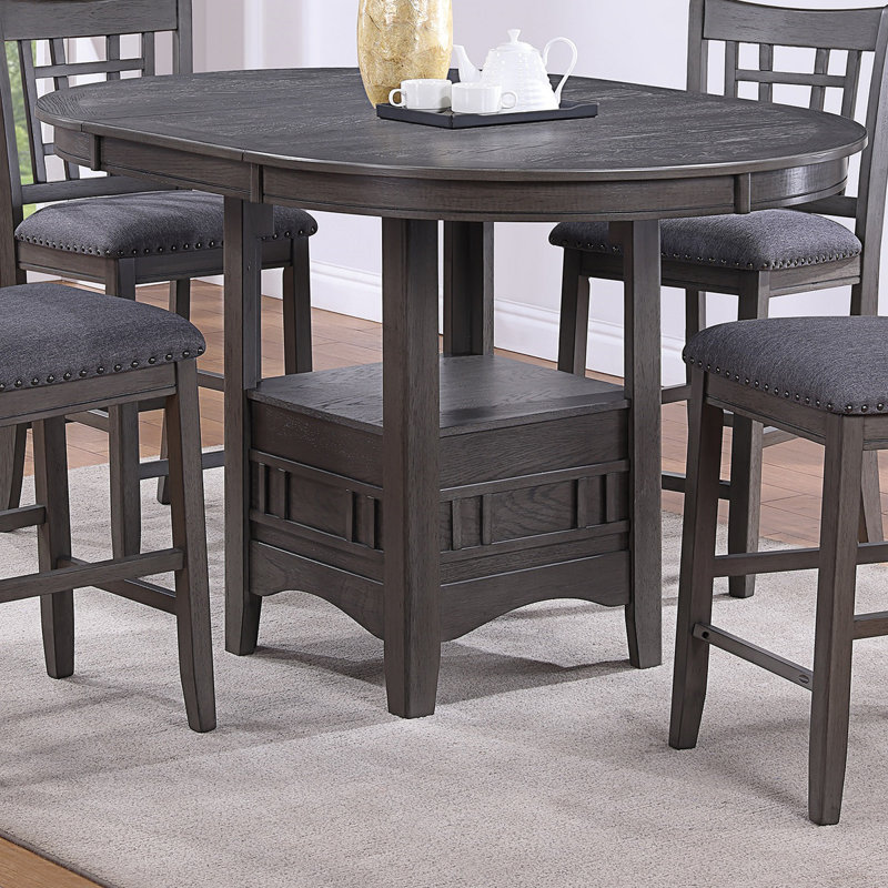 Gray Round Solid Wood Counter Height Dining Table with Shelf