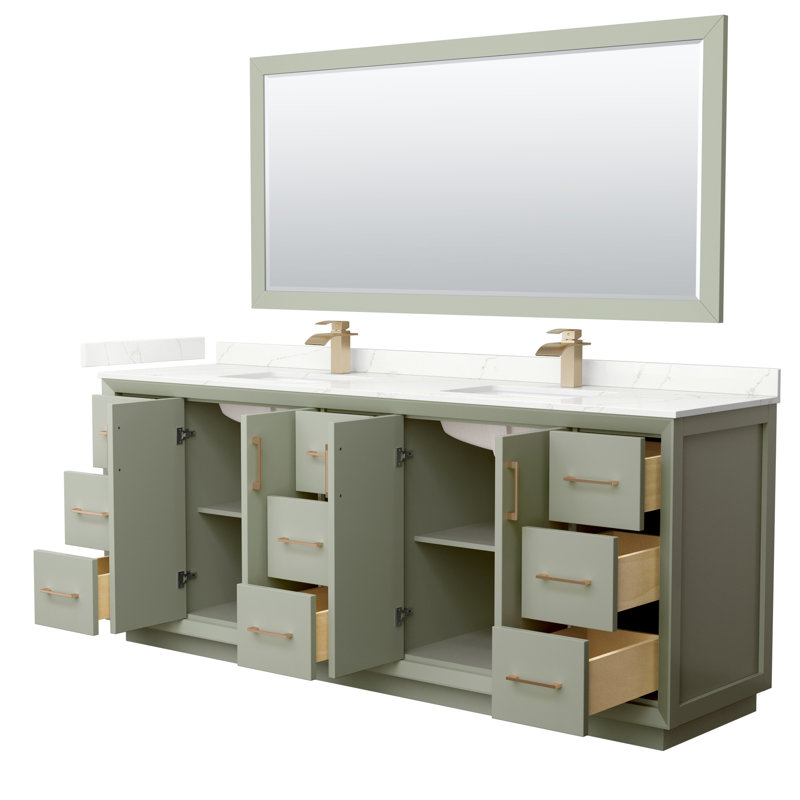 Strada 84'' W Double Vanity, Giotto Quartz, Light Green, Matte Black