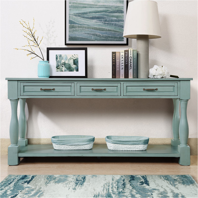 63.4" Console Table With Drawers Entryway Table Sofa Table Wood Console Table Entrance Table, Retro Blue