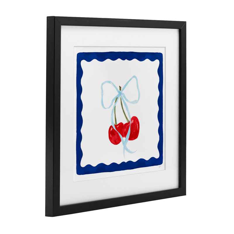 Summer Bordered Cherries Framed Print Under Glass, design by Lucille Price, 13" H x 13" W, Midnight Black Frame