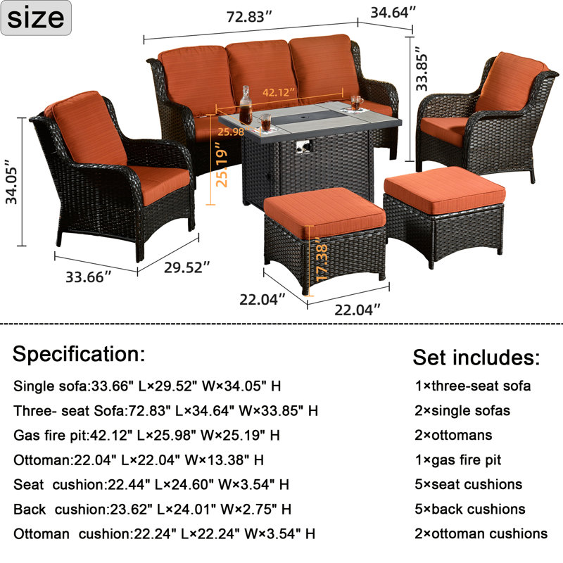NTC Premium All-Weather Wicker 7 - Person Patio Conversation Set with Cushions, Orange