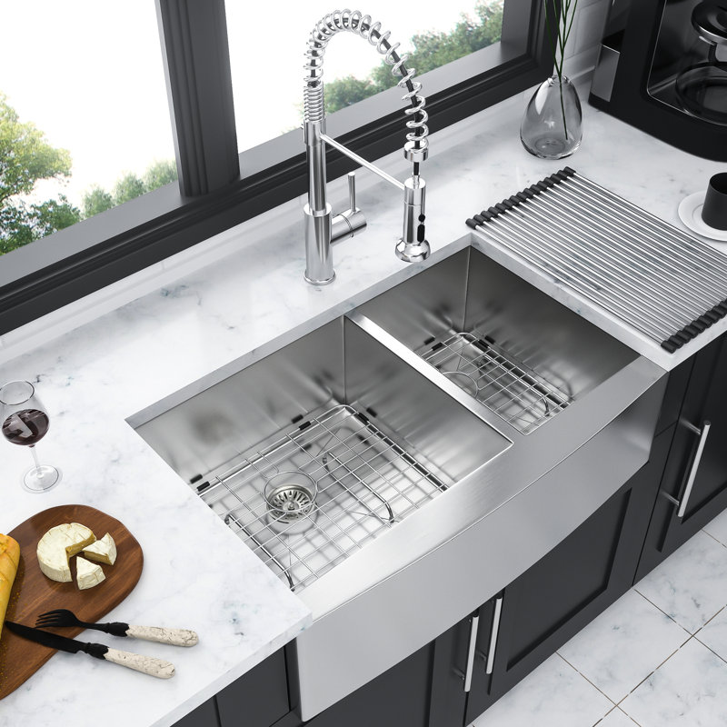 16 Gauge, 36" Double Bowl, Stainless Steel, Kitchen Sink, X - Shaped Water Guide, Pad, Brushed Nickel, Drain Assembly, Installation Clips Dish Grid, Drying Rack