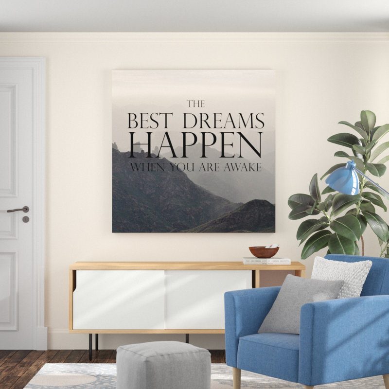 « Best Dreams arrive », art textuel sur toile, H 18 po x l 18 po x P 1,5 po