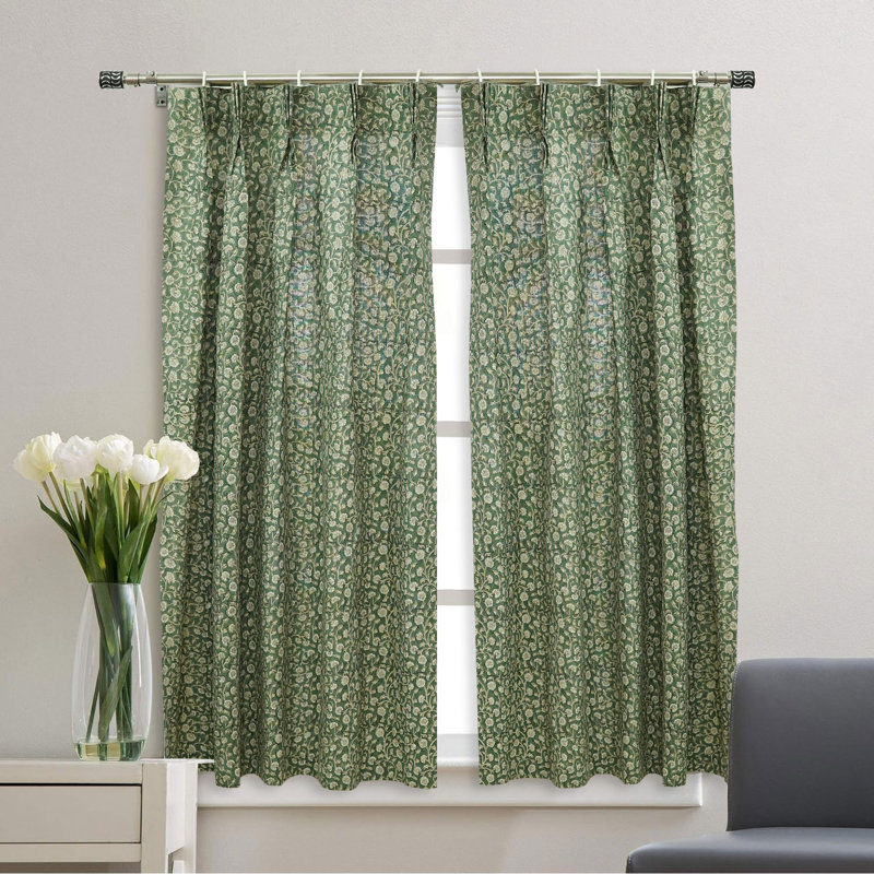 Pinch Pleated Curtain Handmade Block Print Floral Drape, Soft Boho Linen Living Room, Bedroom, Kitchen & Patio Décor, Himachal, Green