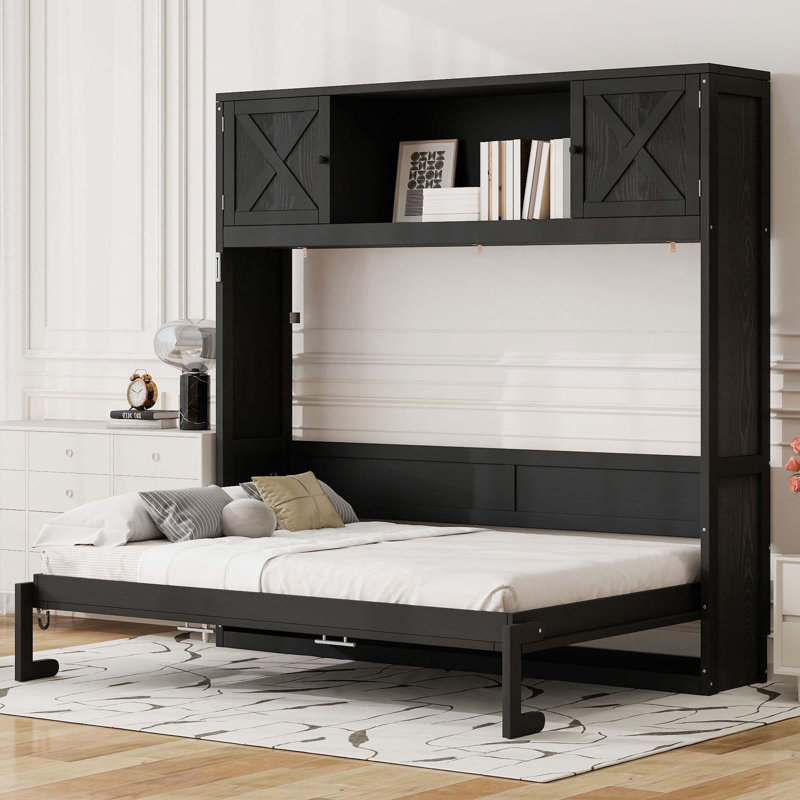 Grand lit escamotable avec armoires de rangement, Noir
