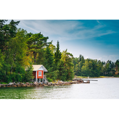 Red Finnish Wooden Bath Sauna Log Cabin In Summer - Wrapped Canvas Print