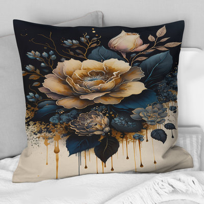 Navy Blue And Gold Rose I - Rose Printed Pillow