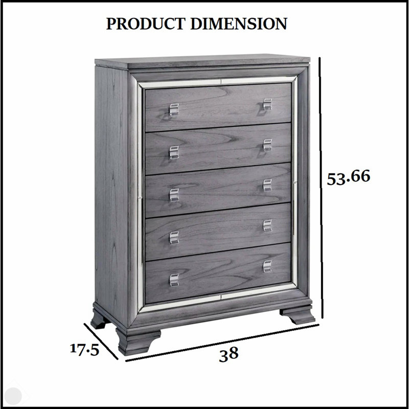 Commode de style contemporain avec cinq tiroirs en queue d'aronde, glissières à roulement à billes, garniture de miroir et finition gris clair