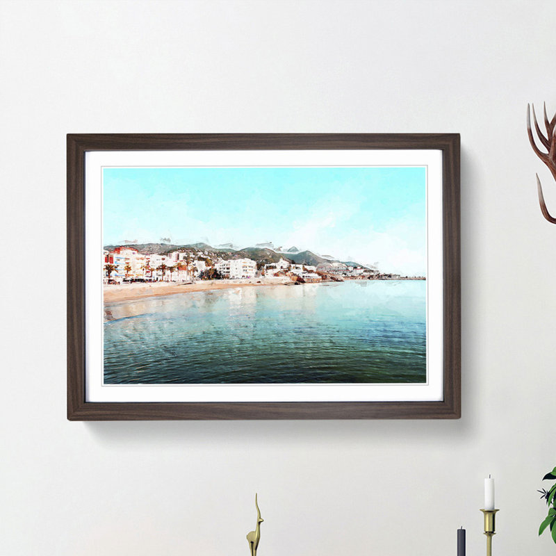 Shoreline of Sitges in Spain in Abstract - Picture Frame Graphic Art Print, 60cm H x 91cm W x 2cm D, Walnut