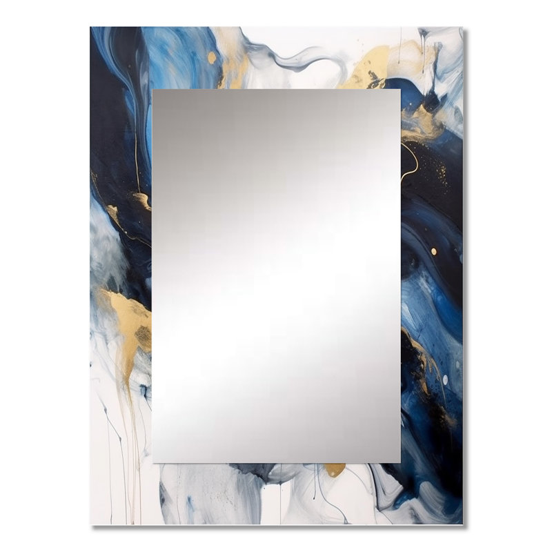 McKibbens Dark Blue and Gold Strokes XII - Fractals Wall Mirror, Blue Decorative Mirror, Printed Metal Art, 32" x 24"