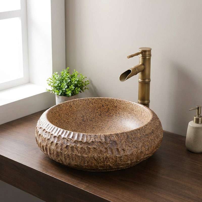 17.7" Round Ceramic Vessel Sink, Rustic Hand-Carved Textured Bathroom Sink, Speckled Earthy Finish, Reddish Brown