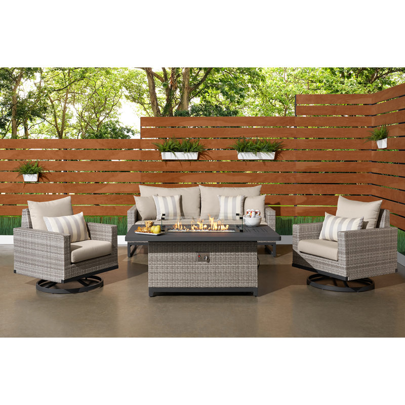 Sameko Amali 4 Piece Rattan Sofa Seating Group With Sunbrella Cushion Covers, Gray, Centered Ink Stripe Sunbrella®