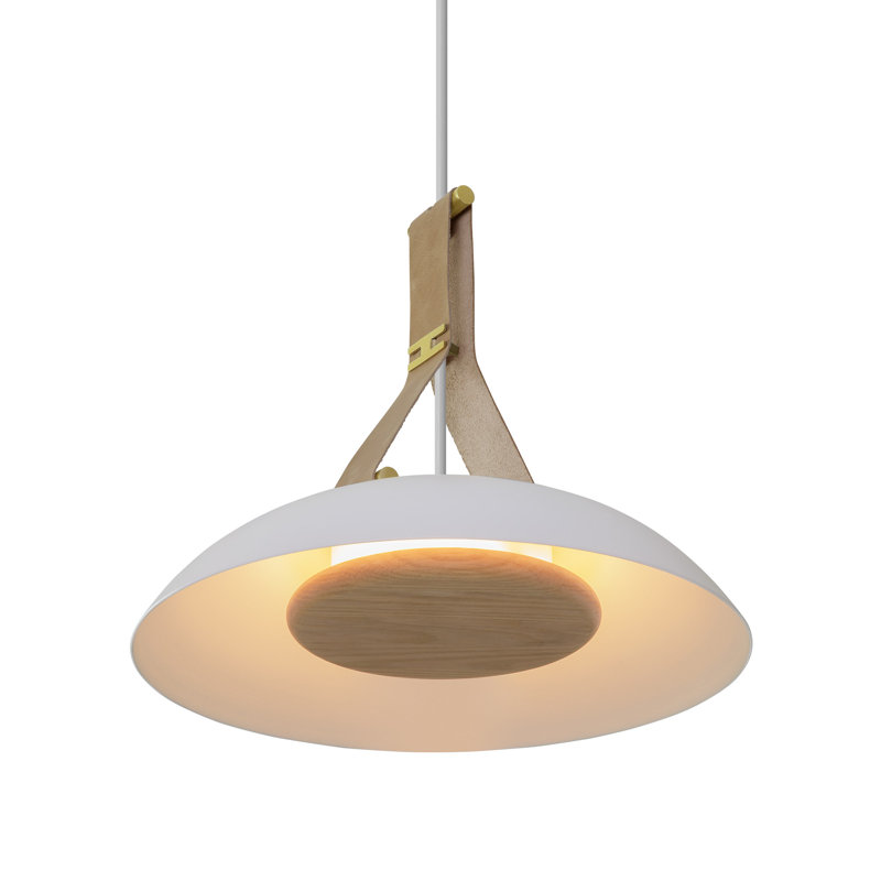 Volo 14 Pendant, Cava - White Shade Exterior - Brushed Brass Accents, Brown Leather, Walnut Disc - 4000K - Integrated LED