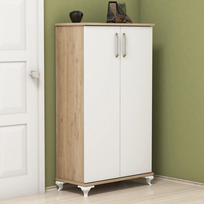 Armoire à chaussures élégante avec nombreuses tablettes, noyer et blanc, 28,3 x 47,2 x 12,8 pouces | 100% panneau de particules enduit de mélamine, épaisseur: 0,7 pouce | Conception murale, parfaite pour organiser les chaussures dans n'importe quel espace