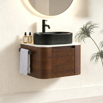 Meuble-lavabo de salle de bain avec lavabo, armoire murale en noyer avec porte-serviettes gratuit, lavabo simple en céramique rayé ovale noir, sans drain et robinet, pré-assemblé
